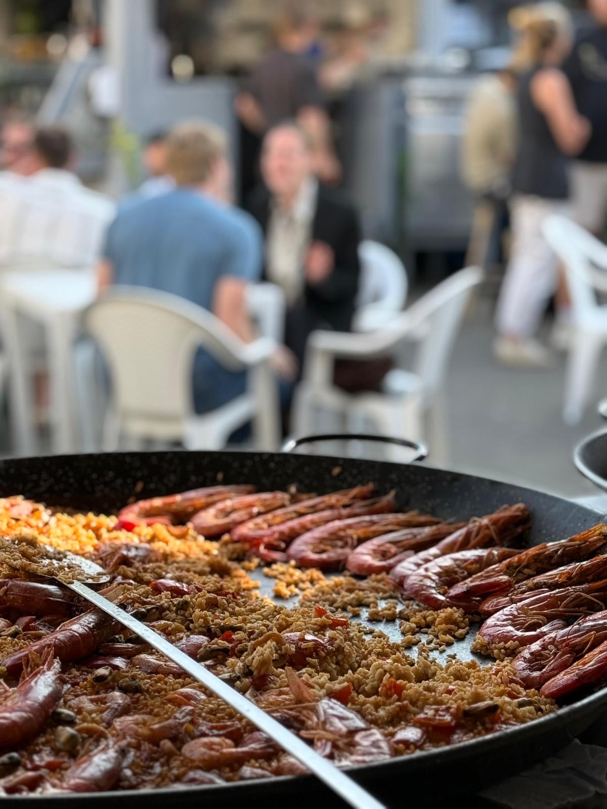 Seafood paella with red prawns